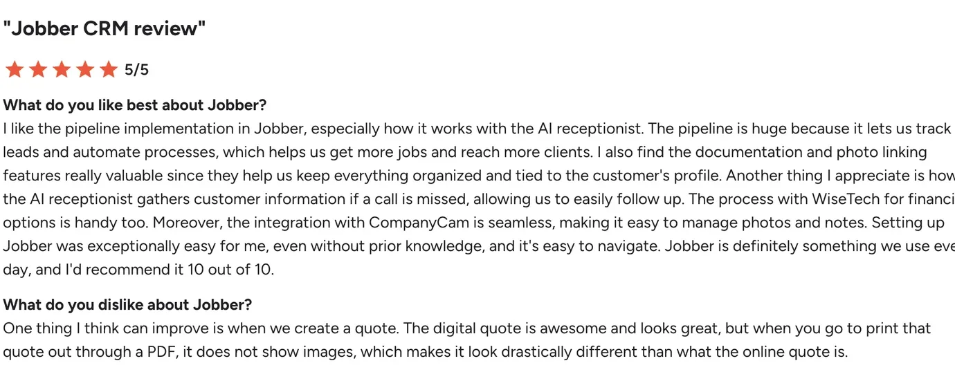 G2 review of Jobber titled "Jobber CRM review", rated 5 out of 5