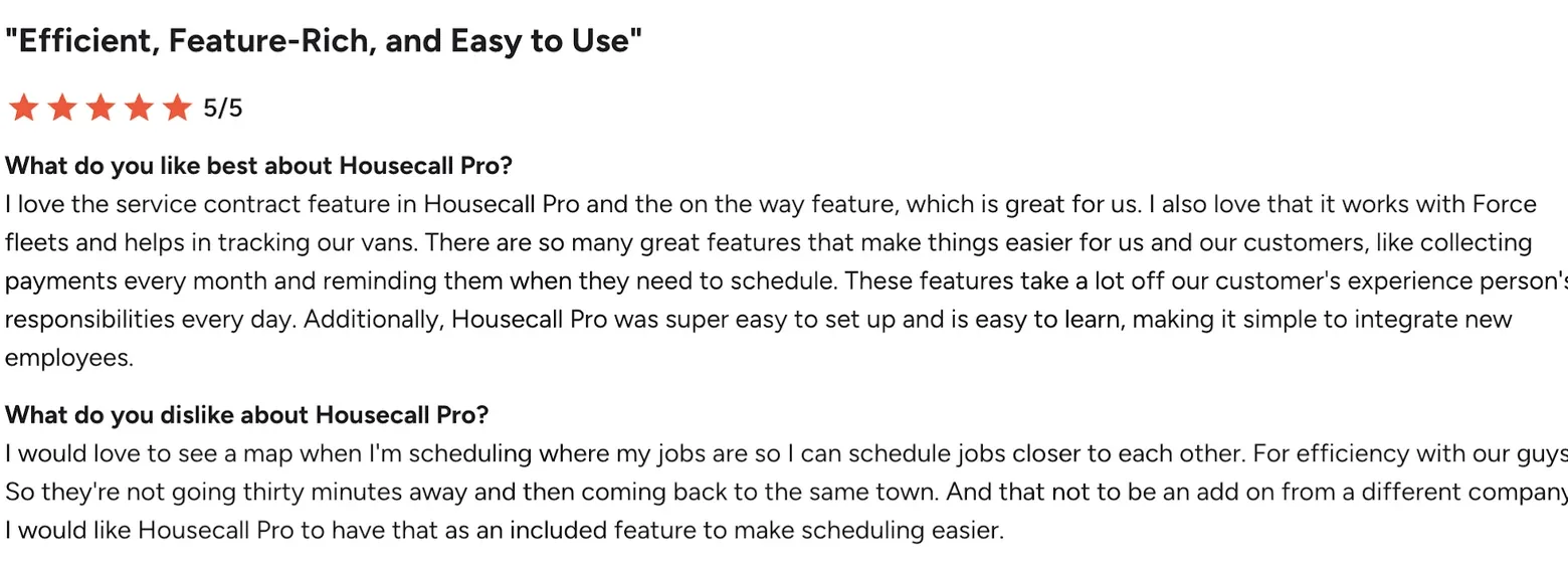 G2 review of Housecall Pro titled "Efficient, Feature-Rich, and Easy to Use", rated 5 out of 5