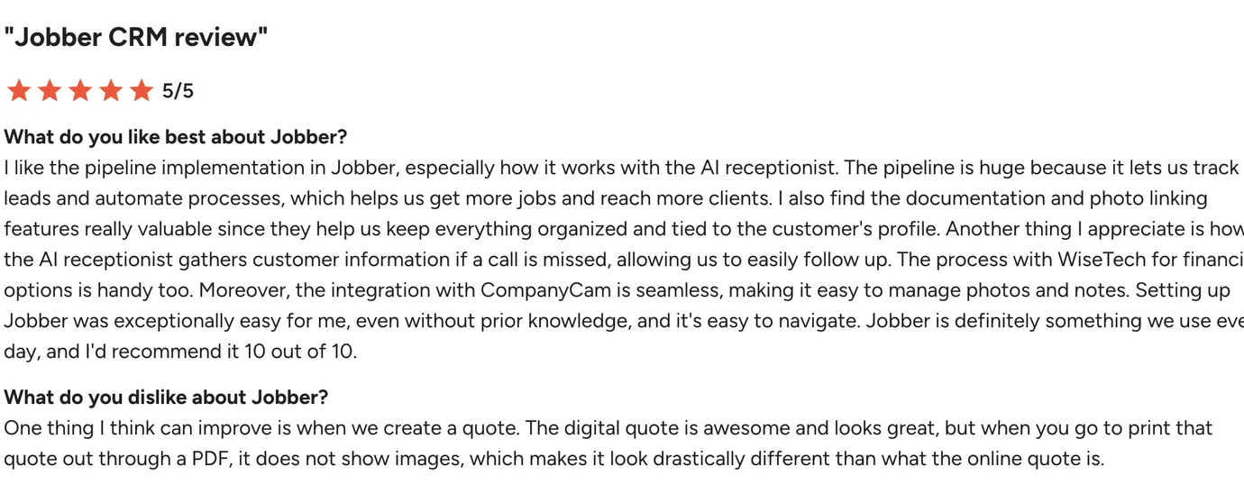 G2 review of Jobber titled "Jobber CRM review", rated 5 out of 5