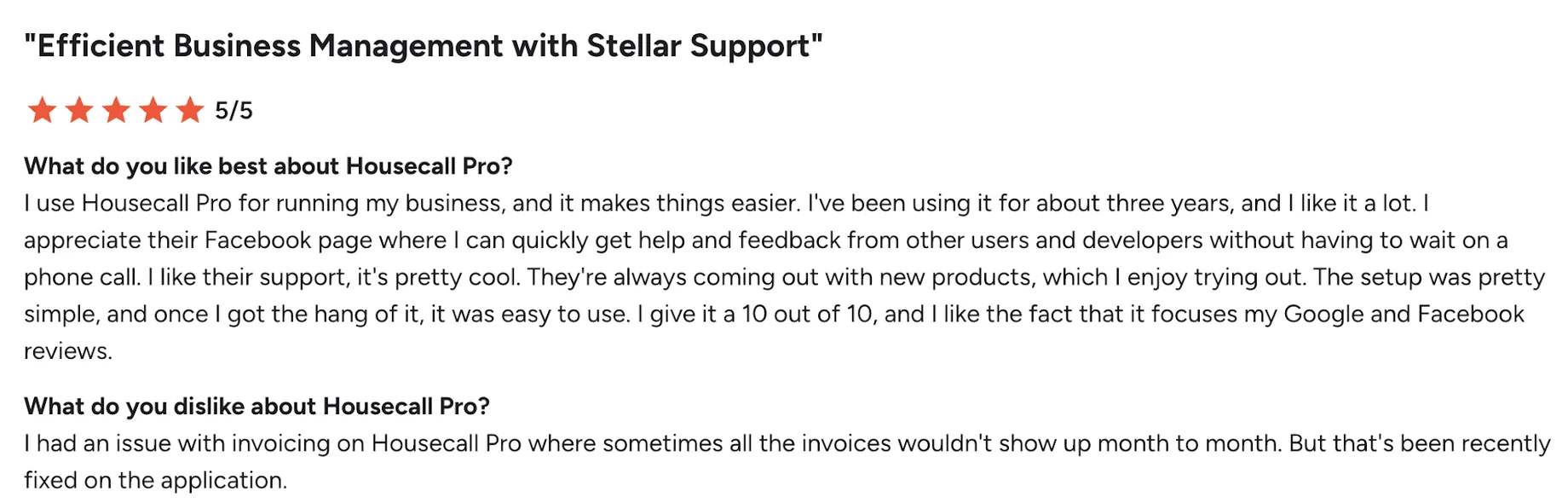 G2 review of Housecall Pro titled "Efficient Business Management with Stellar Support", rated 5 out of 5