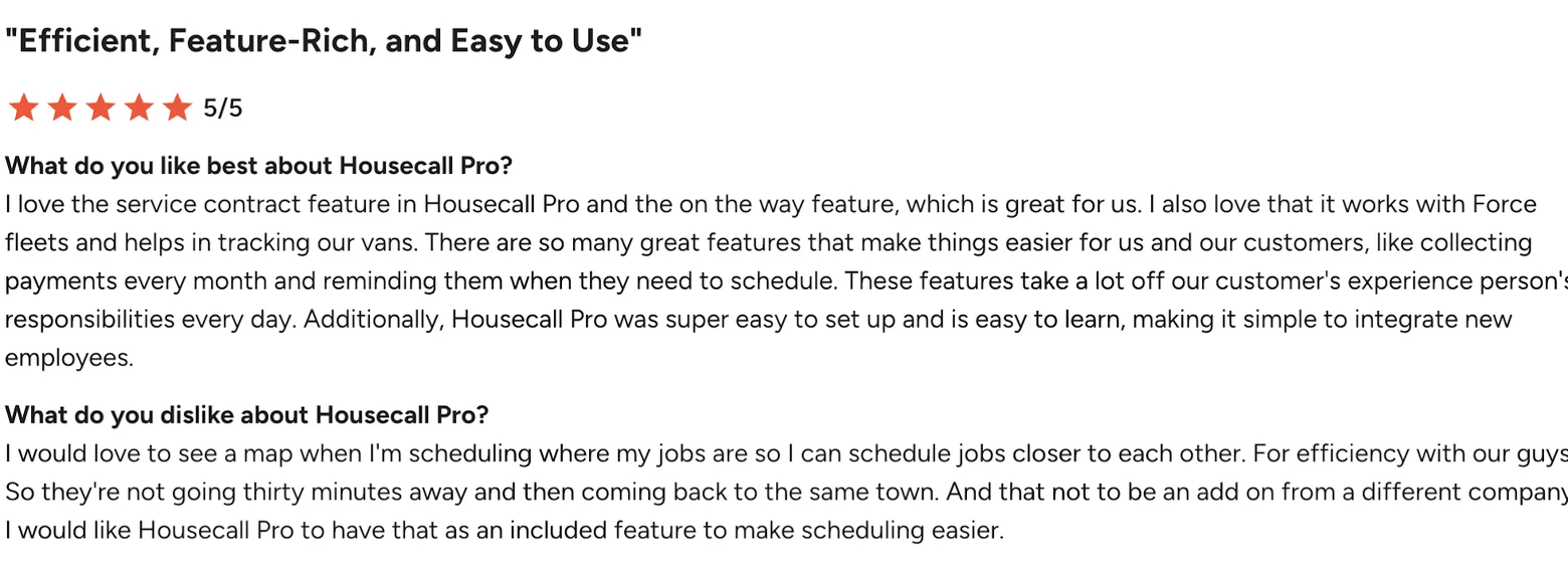 G2 review of Housecall Pro titled "Efficient, Feature-Rich, and Easy to Use", rated 5 out of 5